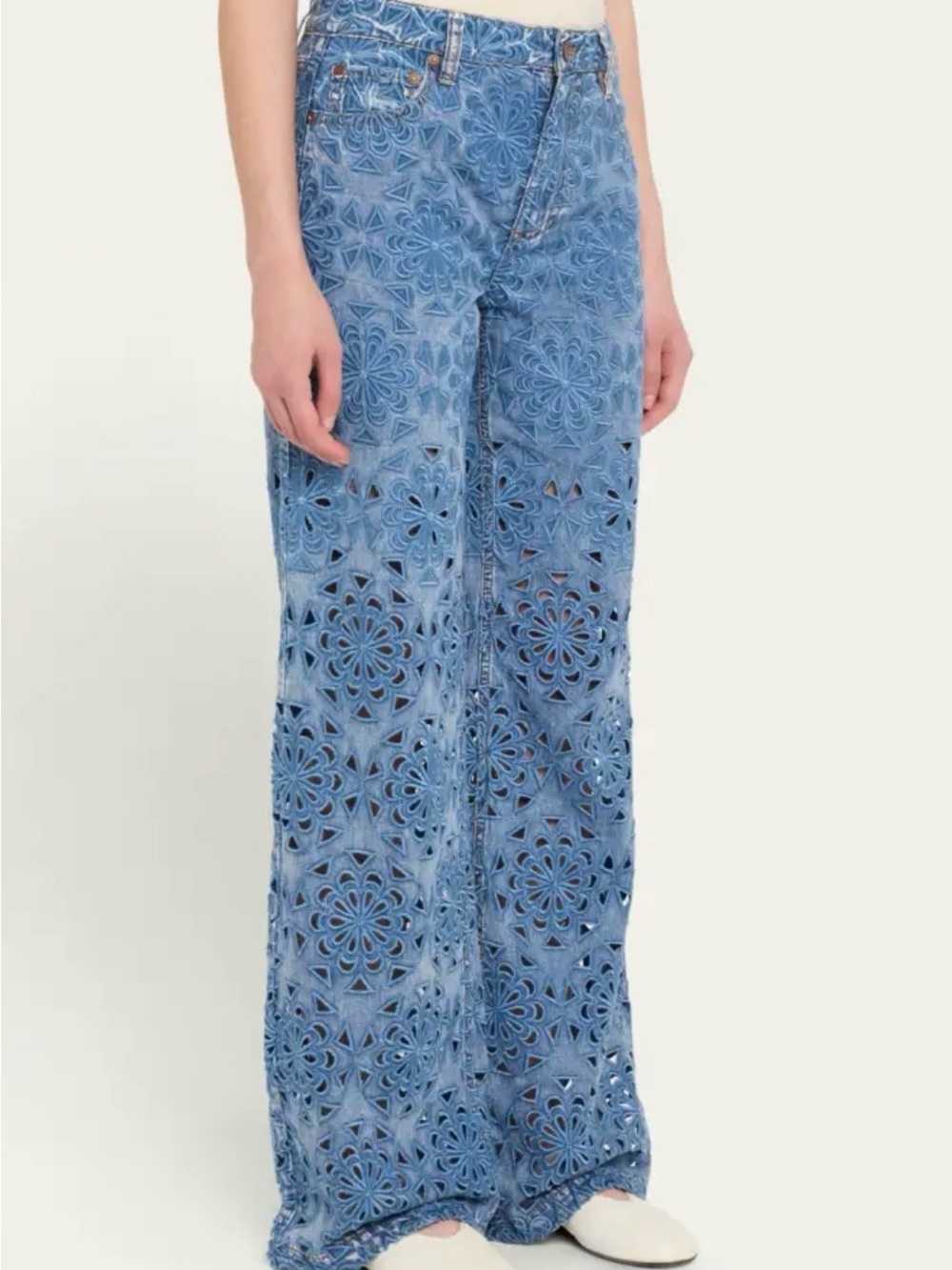 High-Rise Blue Floral Laser-Cut Wide-Leg Jeans - Picture 3 of 10